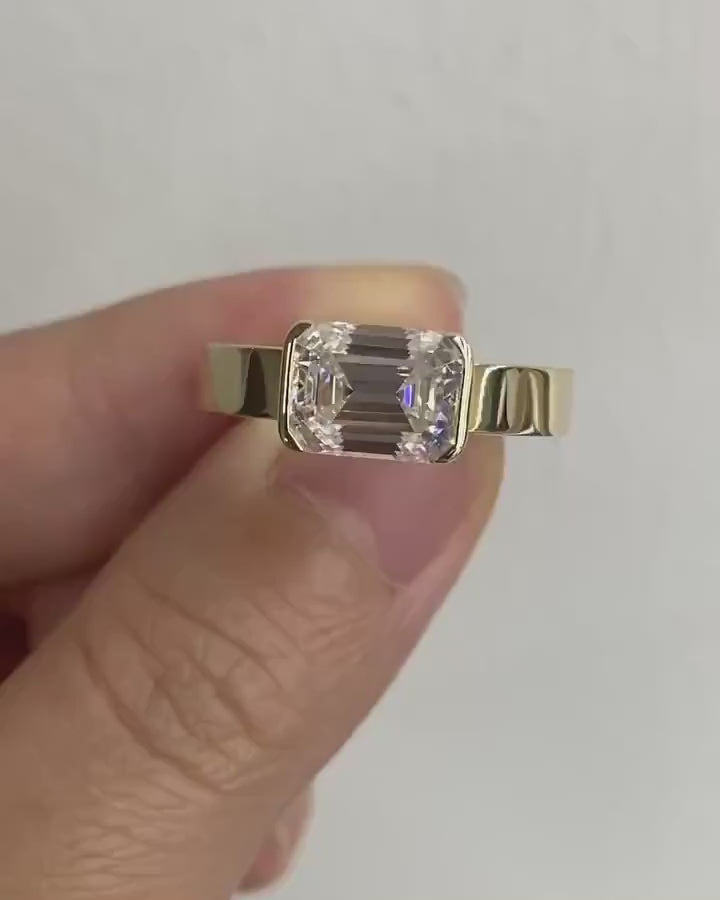 2.0CT - 4.0CT East West Emerald Cut Lab Grown Diamond Cigar Thick Band Engagement Ring
