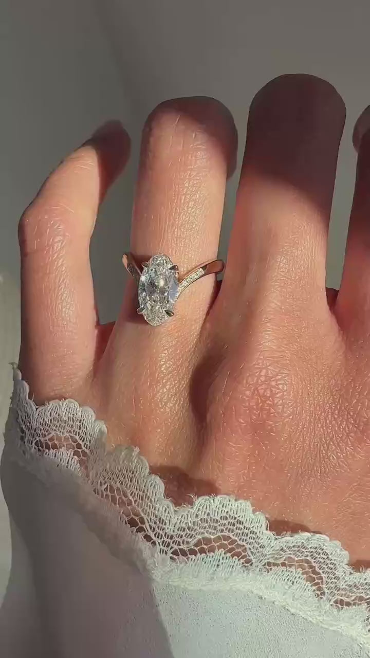 2.0CT - 4.0CT Unique Elongated Moval Cut Lab Grown Pave Set Diamond Engagement Ring