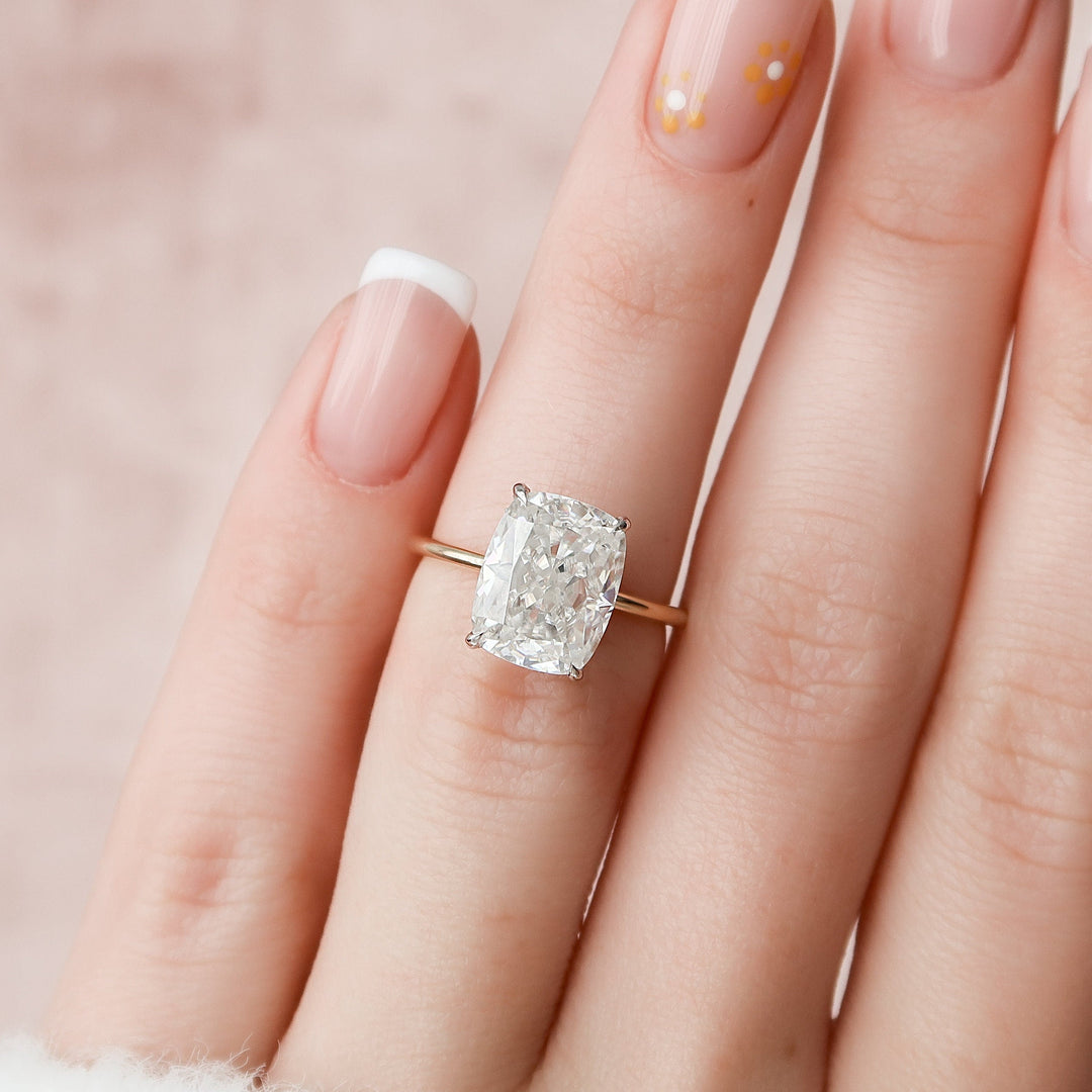 3 CT Elongated Cushion Cut Moissanite Hidden Halo Engagement Ring In 18K Solid Two Tone Gold Ring