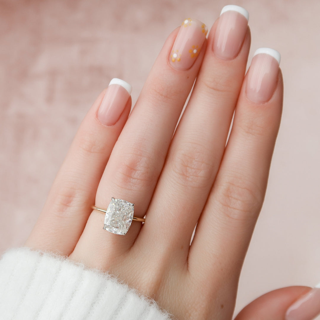 3 CT Elongated Cushion Cut Moissanite Hidden Halo Engagement Ring In 18K Solid Two Tone Gold Ring
