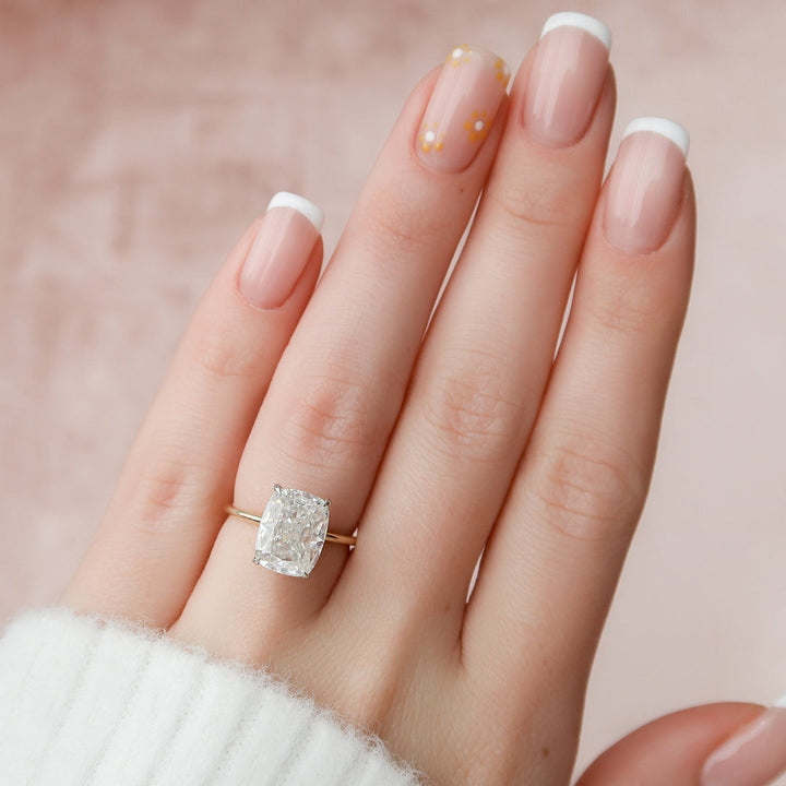 3 CT Elongated Cushion Cut Moissanite Hidden Halo Engagement Ring In 18K Solid Two Tone Gold Ring
