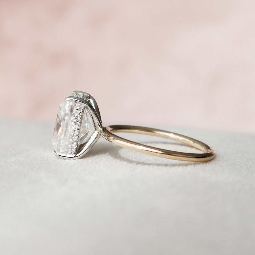 3 CT Elongated Cushion Cut Moissanite Hidden Halo Engagement Ring In 18K Solid Two Tone Gold Ring