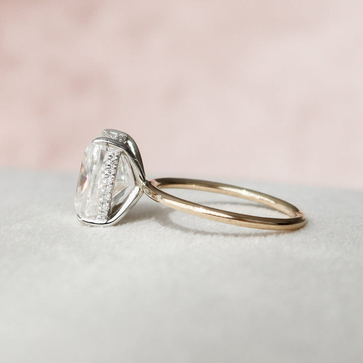 3 CT Elongated Cushion Cut Moissanite Hidden Halo Engagement Ring In 18K Solid Two Tone Gold Ring