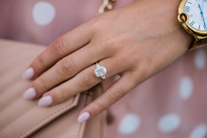 2.0 CT Elongated Cushion Three Stone Moissanite Diamond Engagement Ring