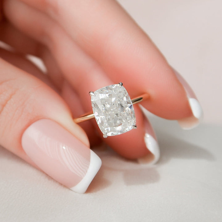 3 CT Elongated Cushion Cut Moissanite Hidden Halo Engagement Ring In 18K Solid Two Tone Gold Ring