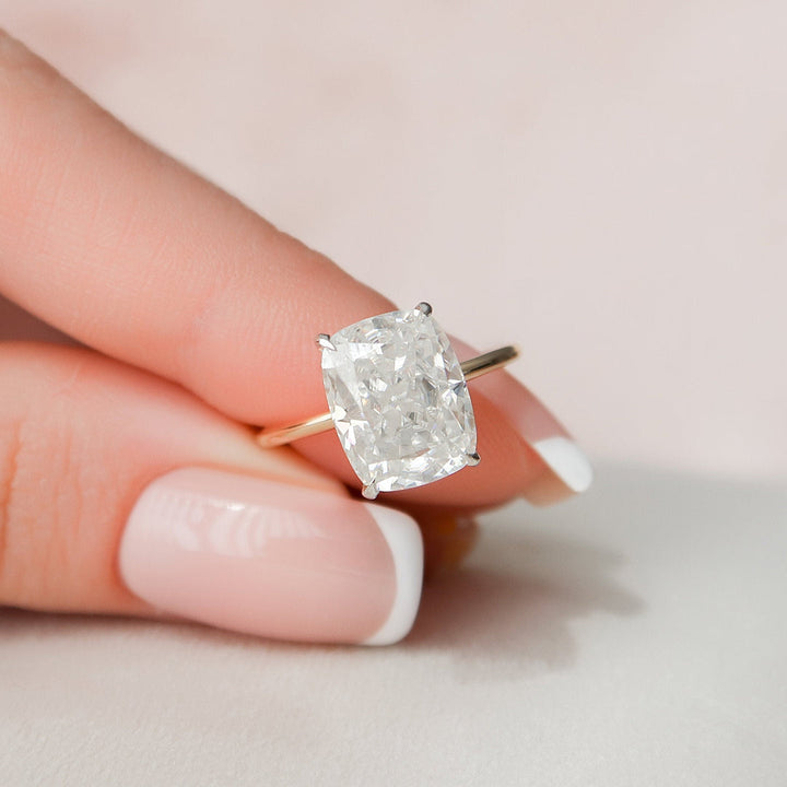 3 CT Elongated Cushion Cut Moissanite Hidden Halo Engagement Ring In 18K Solid Two Tone Gold Ring