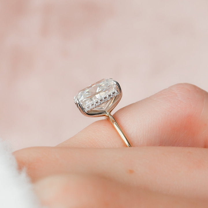3 CT Elongated Cushion Cut Moissanite Hidden Halo Engagement Ring In 18K Solid Two Tone Gold Ring