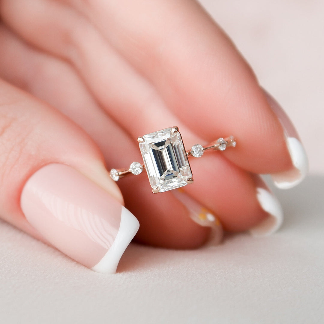 2 CT Emerald Cut Moissanite Distance Pave Engagement Ring 18K Solid Yellow Gold Ring