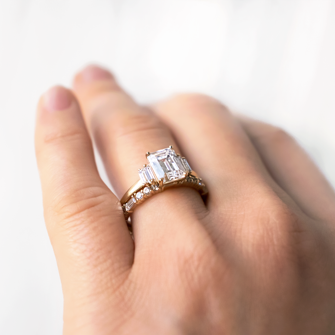1.50 CT Emerald Cut Moissanite 5 Stone Engagement Ring 18K Solid Yellow Gold Ring