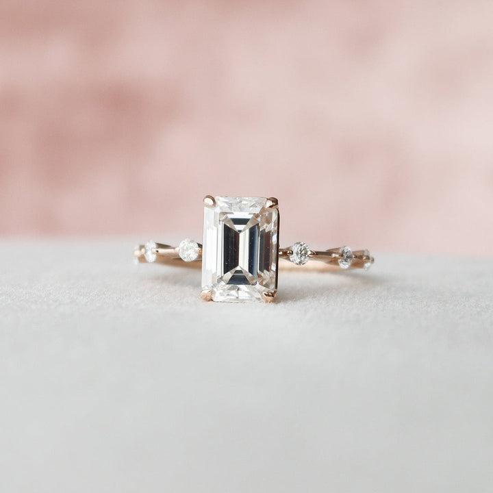 2 CT Emerald Cut Moissanite Distance Pave Engagement Ring 18K Solid Yellow Gold Ring