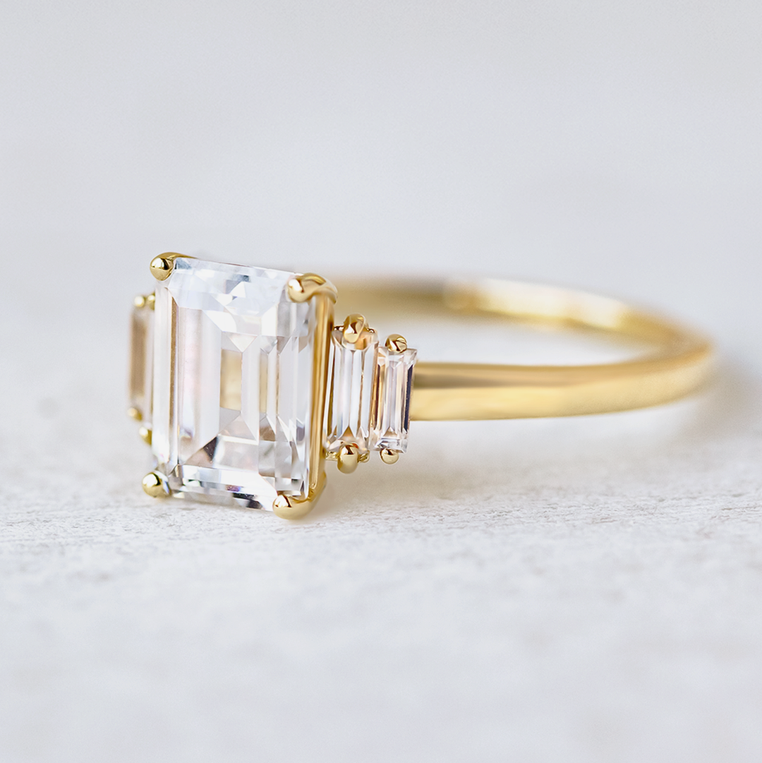 1.50 CT Emerald Cut Moissanite 5 Stone Engagement Ring 18K Solid Yellow Gold Ring