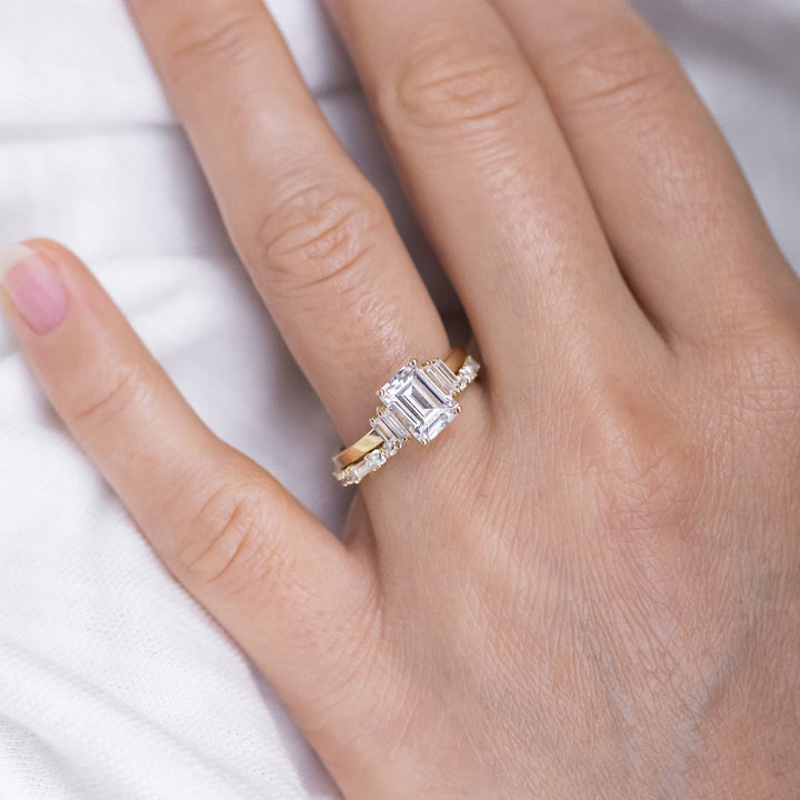 1.50 CT Emerald Cut Moissanite 5 Stone Engagement Ring 18K Solid Yellow Gold Ring