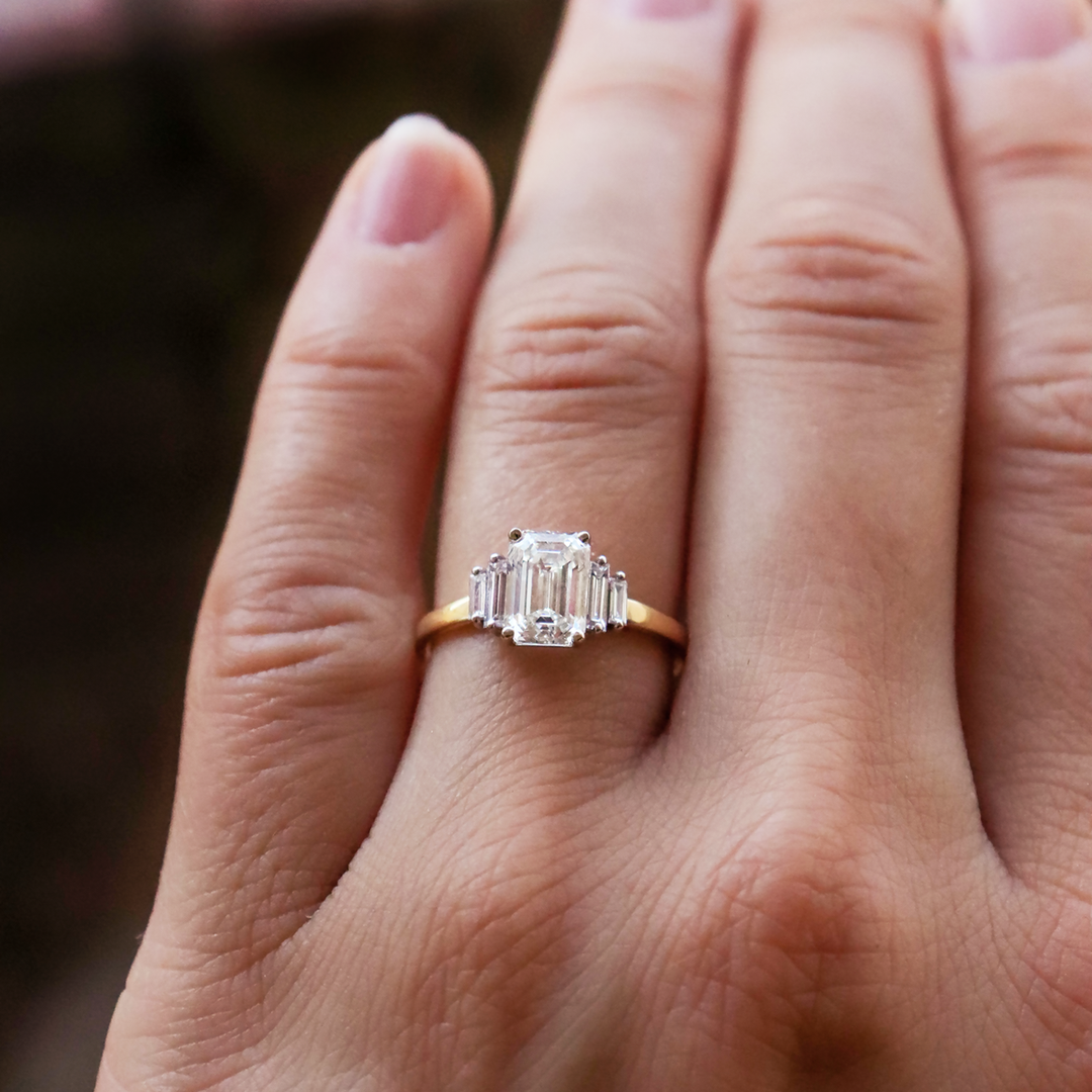 1.50 CT Emerald Cut Moissanite 5 Stone Engagement Ring 18K Solid Yellow Gold Ring