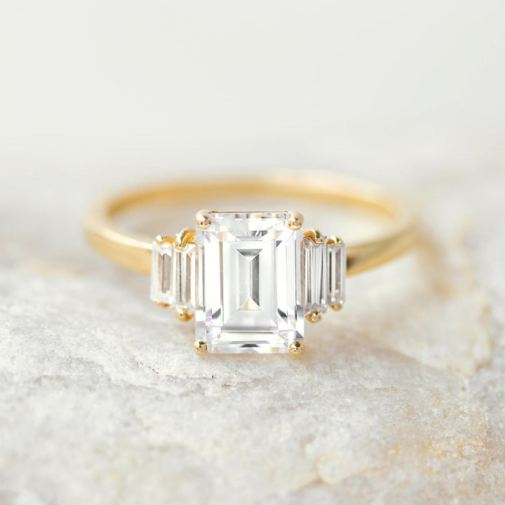 1.50 CT Emerald Cut Moissanite 5 Stone Engagement Ring 18K Solid Yellow Gold Ring
