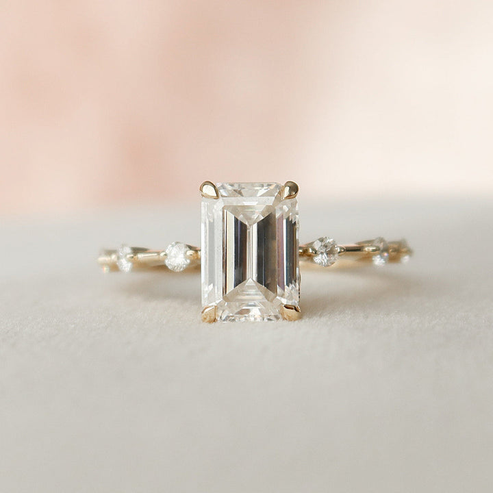 2 CT Emerald Cut Moissanite Distance Pave Engagement Ring 18K Solid Yellow Gold Ring