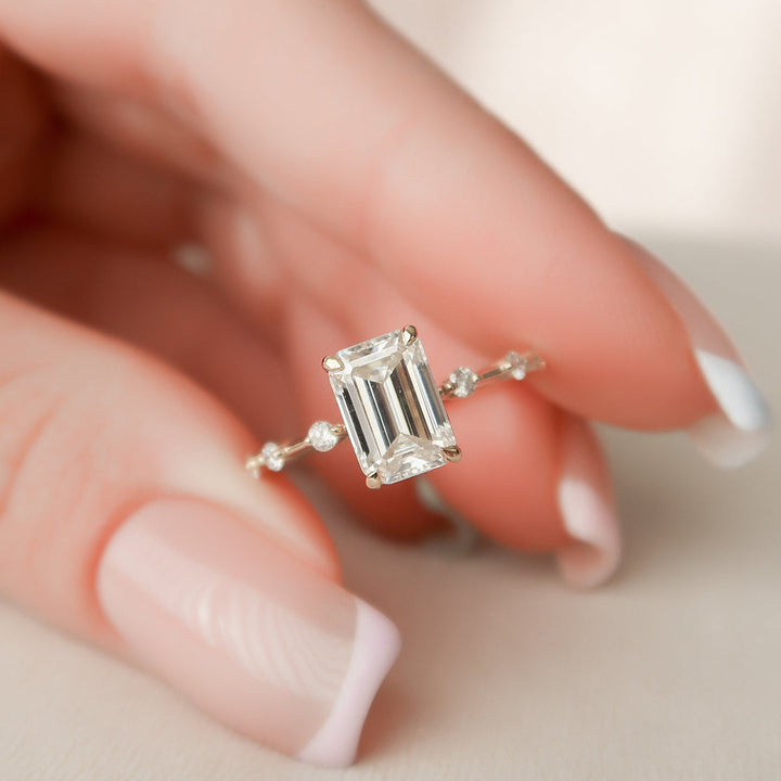 2 CT Emerald Cut Moissanite Distance Pave Engagement Ring 18K Solid Yellow Gold Ring