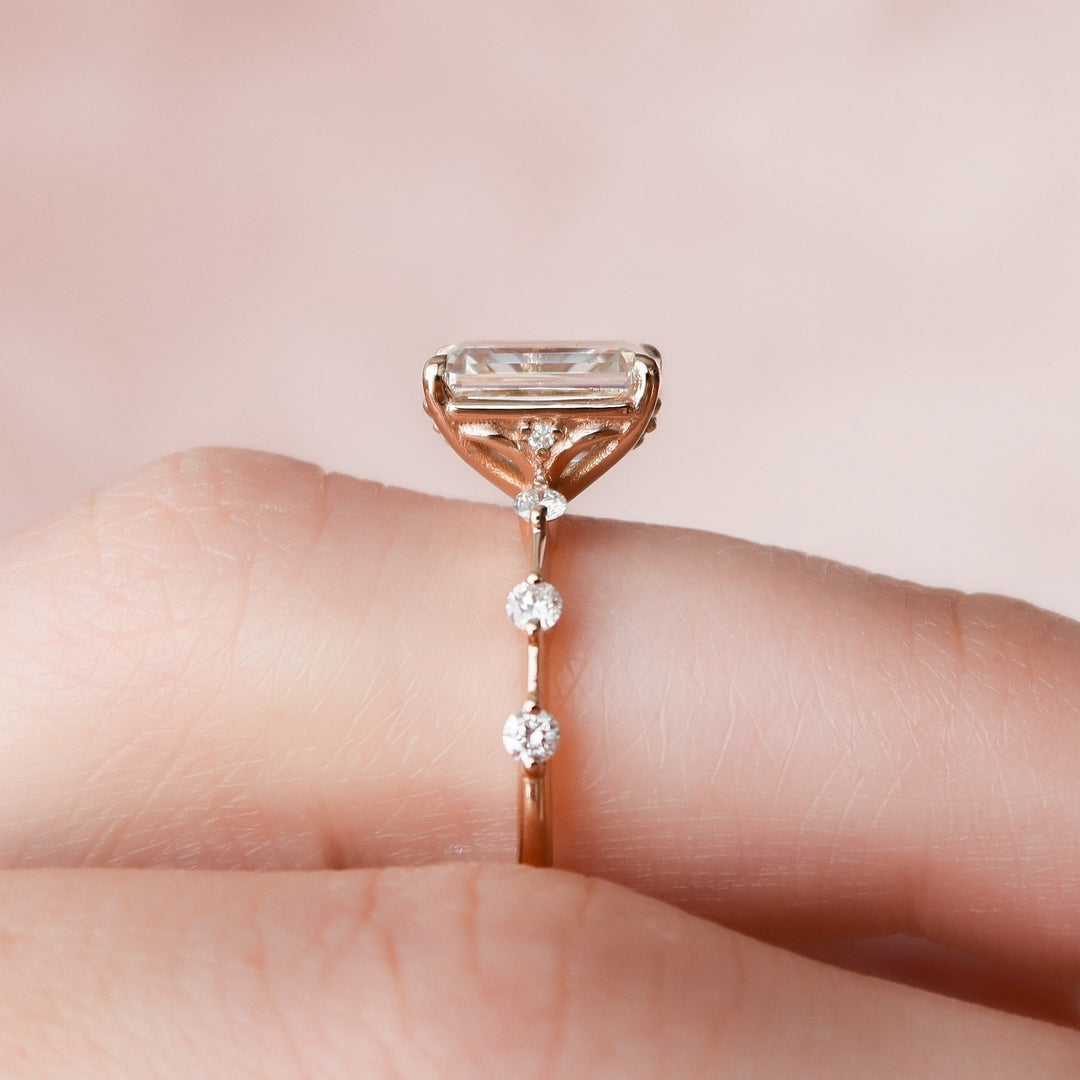 2 CT Emerald Cut Moissanite Distance Pave Engagement Ring 18K Solid Yellow Gold Ring