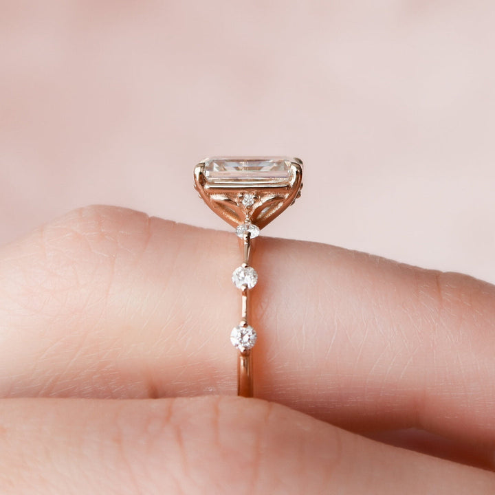 2 CT Emerald Cut Moissanite Distance Pave Engagement Ring 18K Solid Yellow Gold Ring