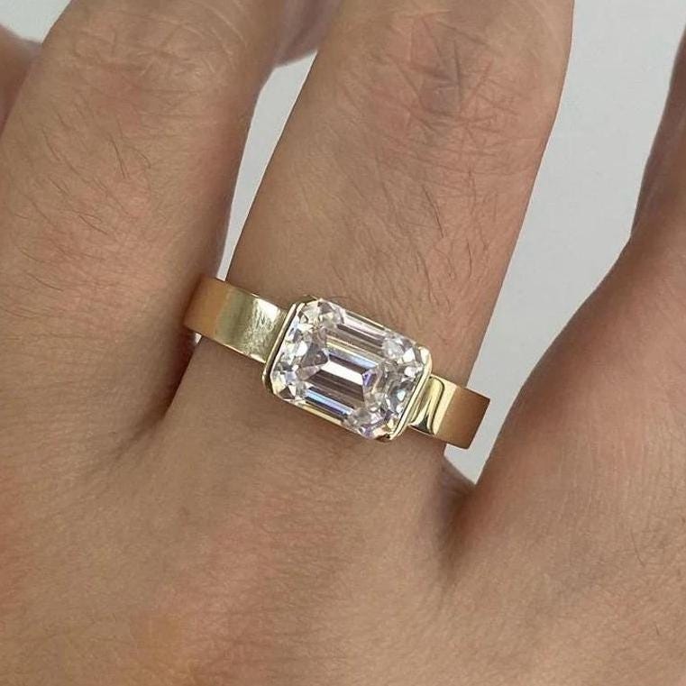 2.0CT - 4.0CT East West Emerald Cut Lab Grown Diamond Cigar Thick Band Engagement Ring